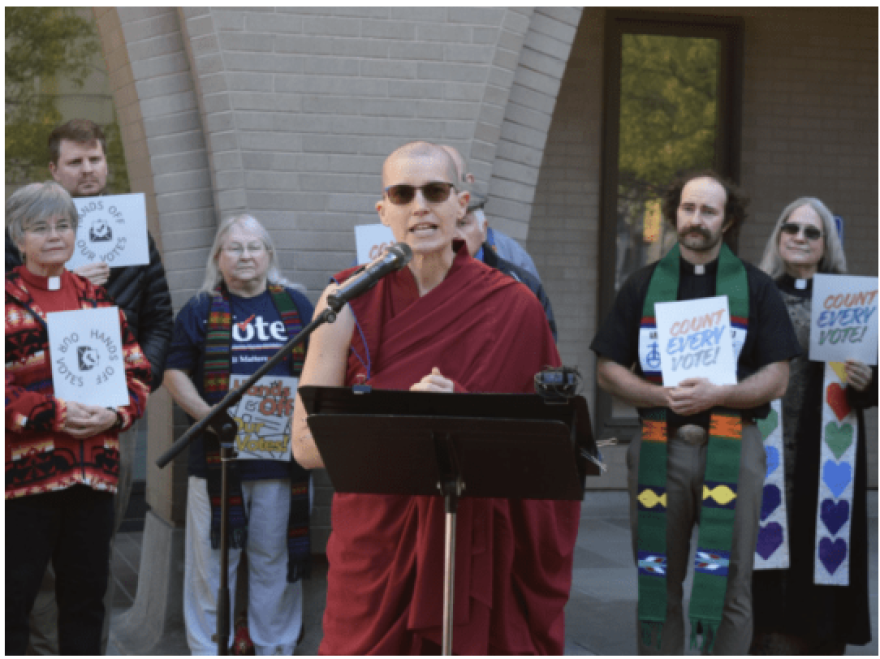 The Venerable Thubten Monlam speaks at a press conference in front of the Thomas S. Foley Federal Courthouse in Spokane, Wash., Oct. 6, 2026.