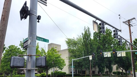 A Flock camera seen near Eugene's Federal building complex at the edge of downtown on June 5, 2025.