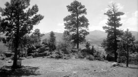 The peak that could be renamed Mestaa’ėhehe Mountain is seen between the trees at center right, in the photograph taken in 1916. Mount Evans is the snow-capped massif visible at center-left.