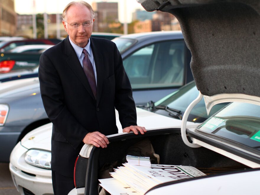 Kilbride's trunk is filled with yard signs, bumper stickers and other campaign material.  He calls it his "road office."  But his campaign is far from bare-bones: Kilbride has raised more than $2 million for his retention bid.