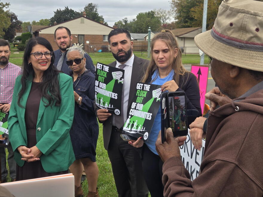 U.S. Rep. Rashida Tlaib (D-Michigan) meets with residents in Inkster to discuss legislation that would stop federal funds from being spent on automated license plate readers and facial recognition technology.