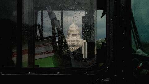 The U.S. Capitol is seen through a food truck window on April 14, 2022, in Washington