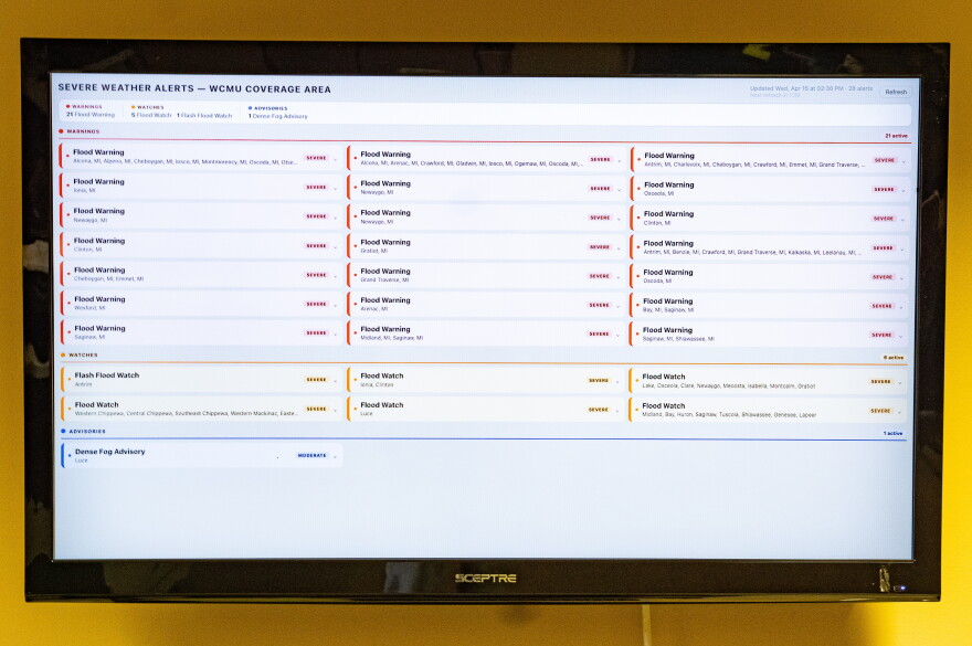 A TV displays all severe weather alerts in WCMU Public Media's coverage area on Wednesday, April 15, 2026.