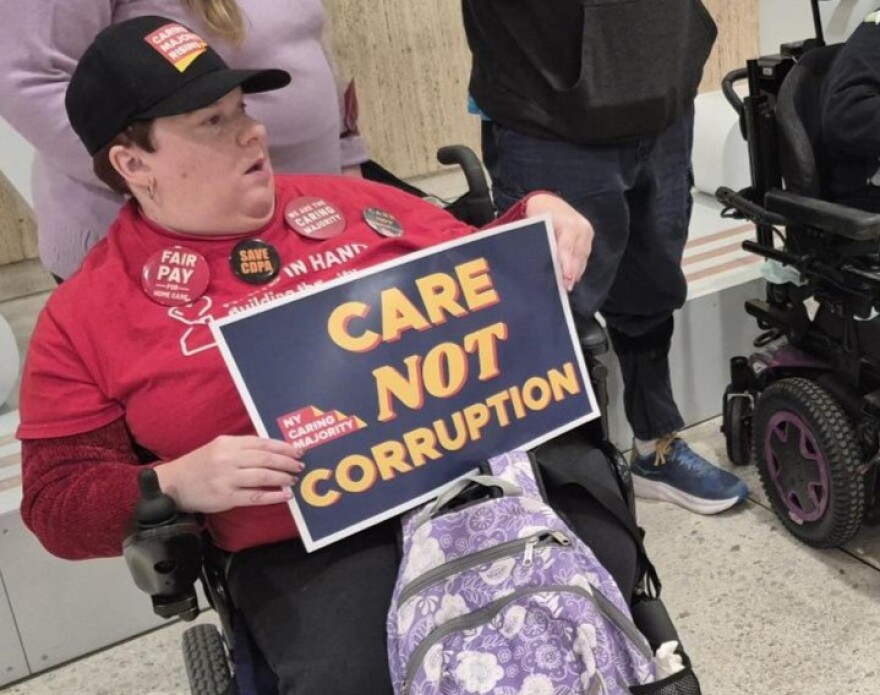 Angela Harmer of Rensselaer County says having a single operator running the state's Consumer Directed Personal Assistance Program, or CDPAP, is not working. Harmer was among a small group of disability rights advocates who rallied Wednesday, Jan. 7, 2026, at the New York state Capitol on opening day of the new legislative session.