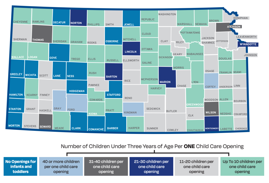 A map of Kansas counties showing how many children are vying for each open child care spot.