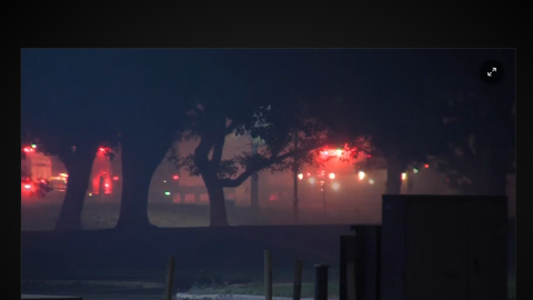 A fire and emergency vehicle lights are seen through smoke and tree silhouettes in the dark. 