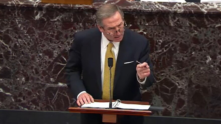 Defense attorney Michael van der Veen speaks Friday on the fourth day of former President Donald Trump's Senate impeachment trial.
