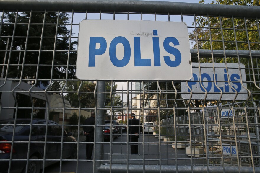 Barriers block the road leading to the Saudi Arabian Consulate in Istanbul on Monday, where journalist Jamal Khashoggi was last seen alive.