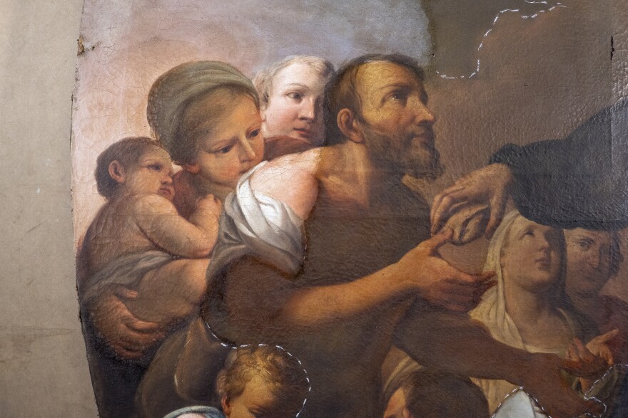 Cleaning test of Violante Ferroni's <em>Saint John of God Feeds the Poor</em>.