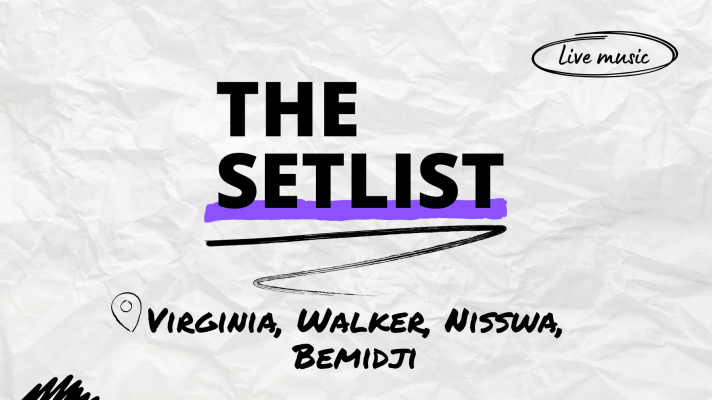 "The Setlist" and "Virginia, Walker, Nisswa, Bemidji" written over a crumpled paper background.