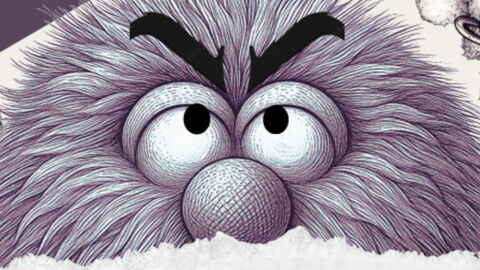 The top of a face of a shaggy puppet with big eyeballs looking up.