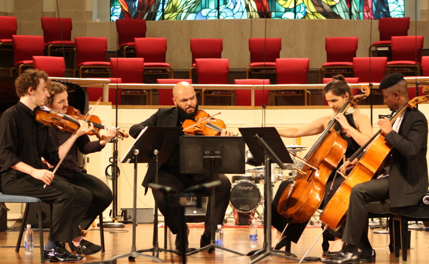 L to R: Phoenix Avalon, Adrian Steele, Devin Moore, Clara Abel, and guest cellist Sterling Elliott.