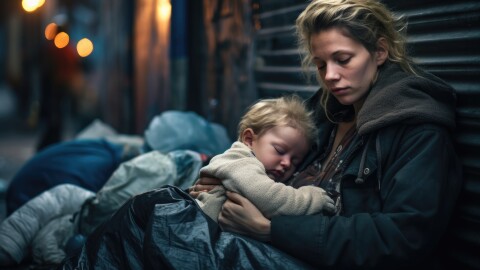 A homeless mother with her baby on a city street at night. 