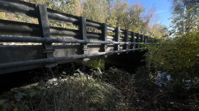 A road side view of Saline's Maple Road Bridge (aka the Troll Bridge).