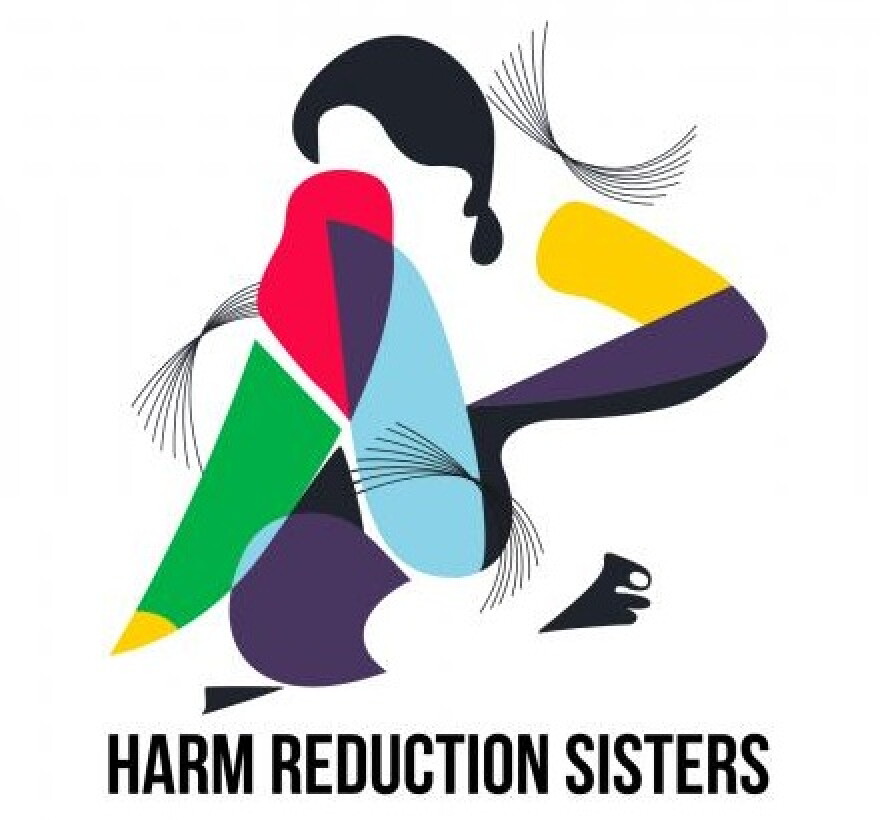 Colorful shapes and lines creating the general shape of a woman; logo for HARM REDUCTION SISTERS