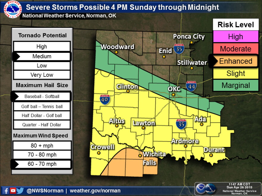 Southeastern and central Oklahoma will see a chance for strong winds, large hail and a possibility of tornadoes Sunday afternoon and evening.