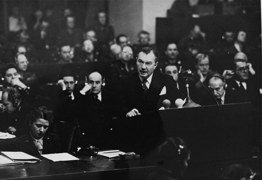 Robert H. Jackson delivers the opening statement at the Nuremberg Trials, Nov. 21, 1945.