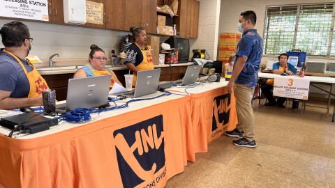 Honolulu Elections Division staff at a pop-up Voter Service Center Monday morning at the George Fred Wright Wahiawa District Park.