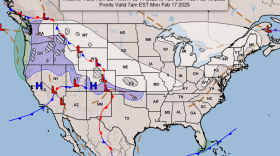 This map from the National Weather Service in Louisville shows a front in white that will arrive in western Kentucky Tuesday afternoon and move east, bringing snow and continued sub-freezing temperatures.