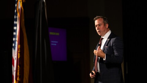 Central Michigan University President Neil MacKinnon delivers the annual State of the University Address in Warriner Hall's Plachta Auditorium on Wednesday, Nov. 5, 2025.