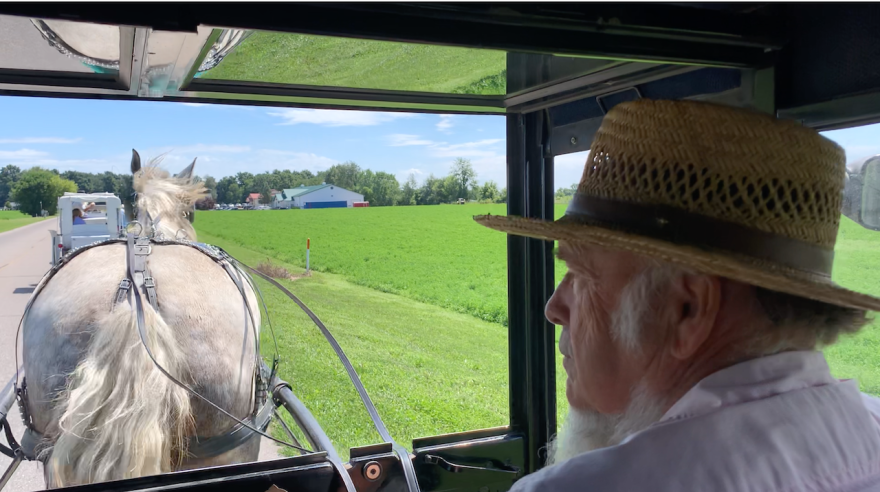 John takes visitors on horse drawn Amish carriage rides in Shipshwana, Indiana.