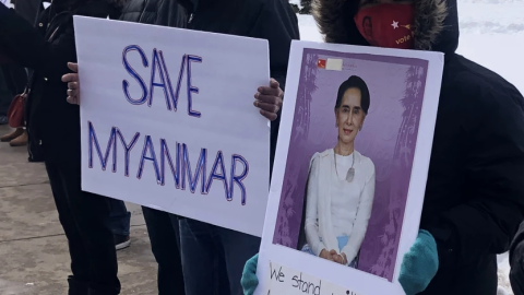 FILE PHOTO: Protestors line South Calhoun Street in downtown Fort Wayne following the military coup in Myanmar in 2021. Following the coup, the Biden administration granted Temporary Protective Status to Burmese nationals in the U.S. fearing retaliation back in Myanmar.