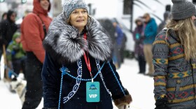 Sen. Lisa Murkowski at the 2020 Iditarod Trail Sled Dog Race ceremonial start in Anchorage Saturday, March 7, 2020. (Joey Mendolia/Alaska Public Media)