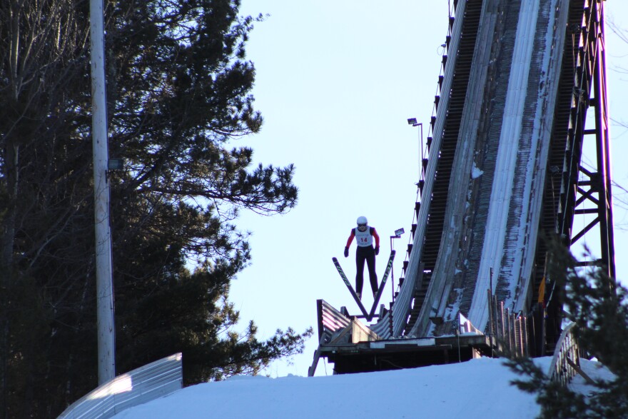 Connor Swanson, Itasca Ski Jumping Club, takes off the ramp of the 70-meter Ole Mangseth Memorial Ski Jump at Mount Itasca on Feb. 17, 2024.