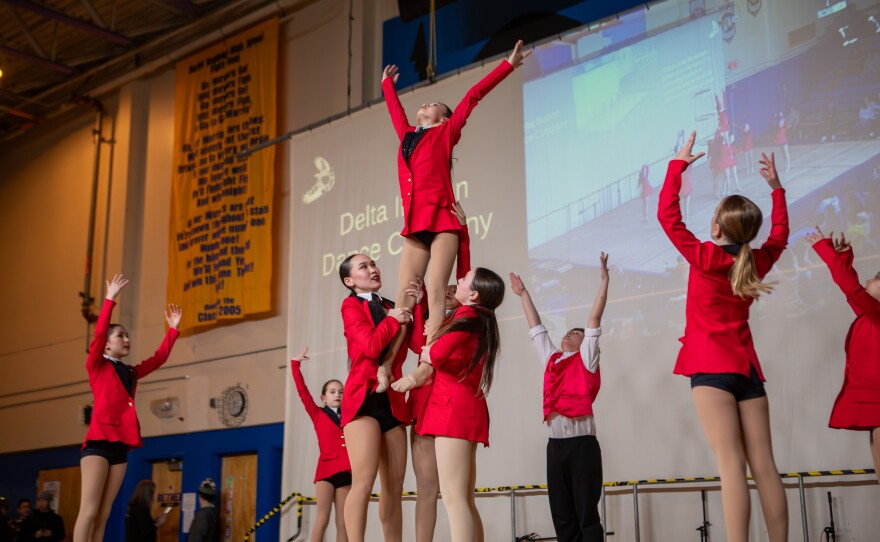 Members from the Delta Illusion Dance Company on the Cama'i stage on March 27, 2026 in Bethel, Alaska.
