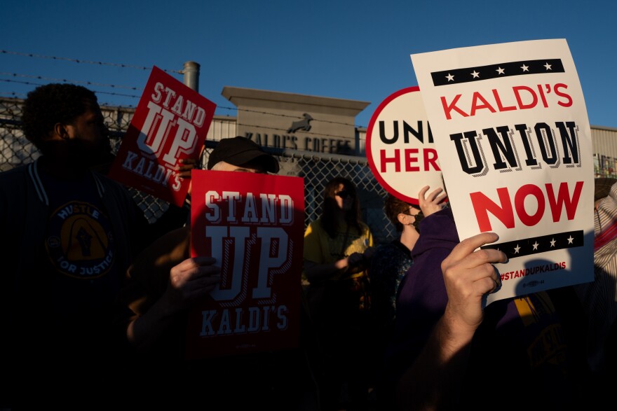 Kaldi’s Coffee workers and supporters rally to announce their effort to unionize with Unite Here Local 74 outside the company’s headquarters and roasters on Wednesday, Nov. 5, 2025, in St. Louis’ Forest Park Southeast neighborhood.