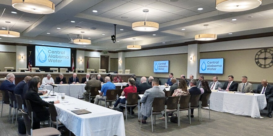 The Central Alabama Water board of directors met Monday at Vestavia Hills City Hall. The board is seated at the front of the room, and senior managers sit at a table on the right while attorneys for the utility sit at a table on the left.
