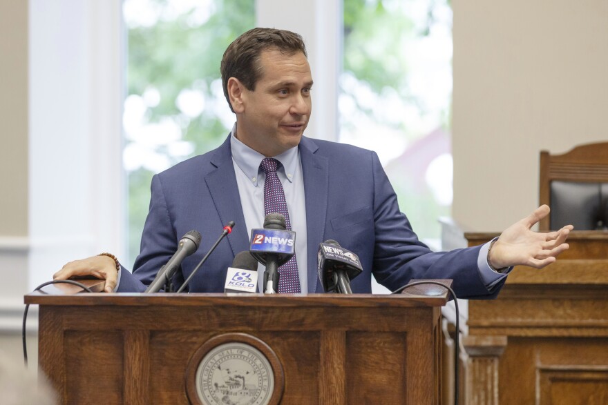 FILE - Nevada Secretary of State Cisco Aguilar speaks before Gov. Joe Lombardo signs an election worker protection bill into law at the old Assembly Chambers in Carson City, Nev., May 30, 2023.