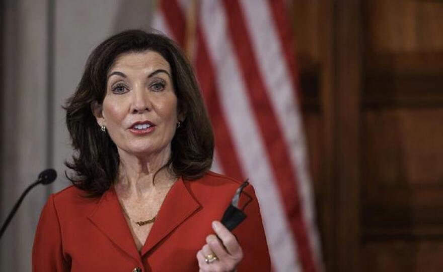 Gov. Kathy Hochul updates the media about rising COVID-19 rates on Dec. 16, 2021.