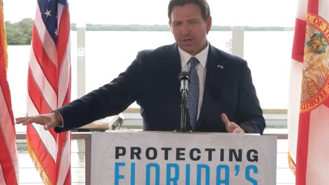 Gov. Ron DeSantis at a news conference held at  Tampa's Hula Bay Club