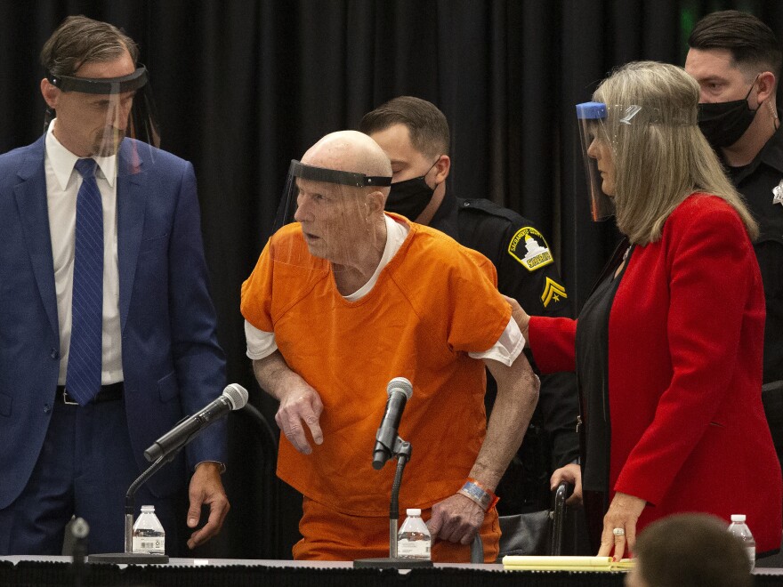 Golden State Killer suspect Joseph James DeAngelo (center) pleaded guilty on Monday in Sacramento, Calif., to 13 murders and other related charges.