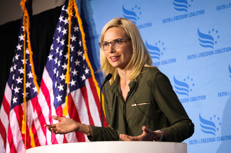 Second District Rep. Ashley Hinson addresses the Iowa Faith & Freedom Coalition fundraiser in Des Moines on September 20, 2025.