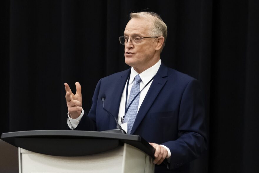 Candidate for governor Stephen Heidt speaks at the Idaho Democratic Convention on June 17, 2022. (Otto Kitsinger for Idaho Capital Sun)