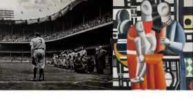 Left: Nathaniel Fein (American, 1914-2000) Babe Ruth Bows Out, June 13, 1948. Jay H. Baker Collection. Right: Fernand Léger (French, 1881-1955). Les deux femmes à l'enfant, 1919. Oil on canvas. Collection of Patty and Jay Baker.