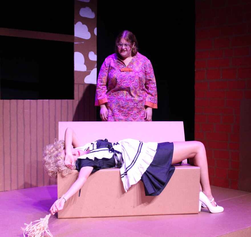 A true drama queen, Maid Sabina (Janie Kateknowles) pictured with Mrs. Antrobus (Brielle Midler) will do anything for attention.