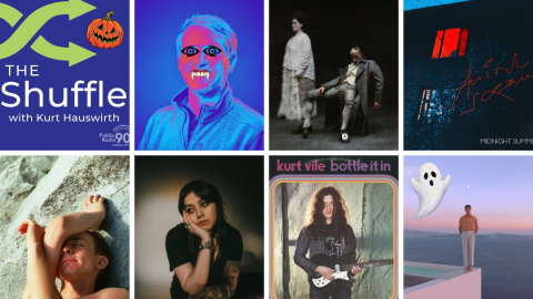 Decorative grid collage of album art and artists with Halloween-themed images