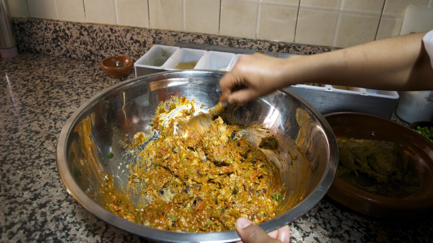 A vegetarian favorite is zaalouk, a roasted eggplant salad that uses freshly chopped herbs and spices like cumin and paprika.