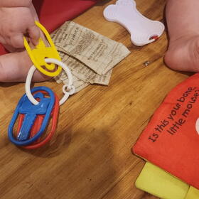 The hands and feet of a baby are pictured - the baby clutches a colorful set of large, fake plastic keys and sits on a red mat. Next to the baby, a fabric book sits on the floor. The book reads "Is this your bone, little mouse?"
