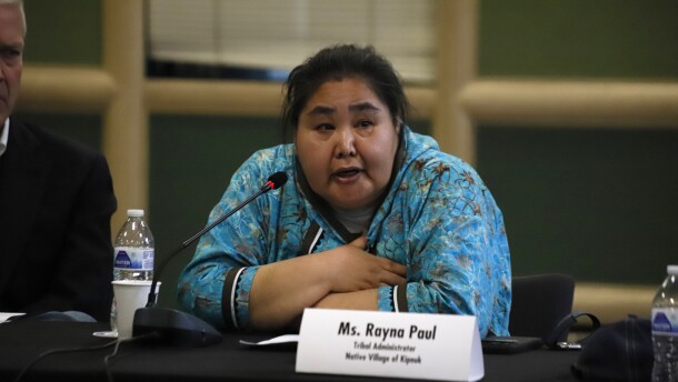 Kipnuk Tribal Administrator Rayna Paul speaks at a roundtable regarding Typhoon Halong recovery on May 5, 2026.
