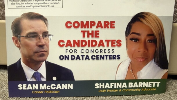 This flyer was mailed to a Kalamazoo resident. On the top left, a box shows that the flyer was paid for by Progressive Champions PAC, which is funded entirely by a Republican-aligned PAC, Conservative Americans PAC.
