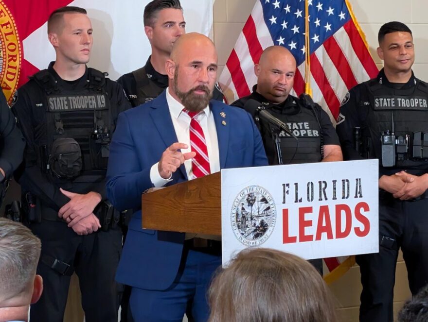 Hillsborough County Republican state Sen. Jay Collins speaking in Tampa on May 12, 2025.