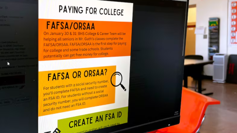 A flyer informing Benson Polytechnic High School seniors about the Free Application for Federal Student Aid and the Oregon Student Aid Application on April 17, 2024.