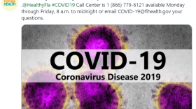 A screenshot of a Florida Department of Health tweet, featuring a purple 3d computer rendition of the coronavirus.