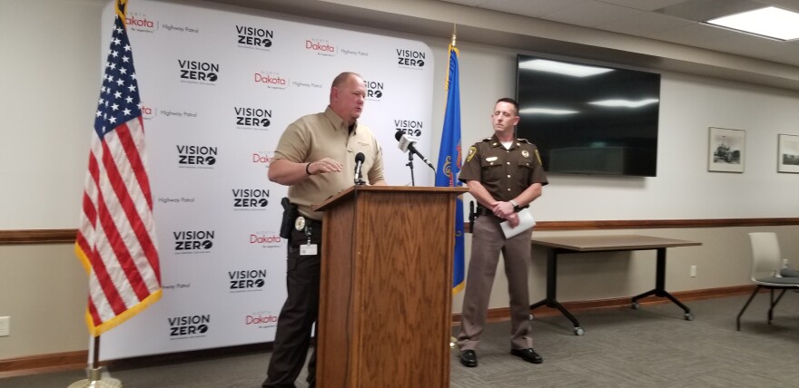 Morton County Sheriff Kyle Kirchmeier (at the lectern) and Highway Patrol Major Tom Iverson at a Capitol news conference