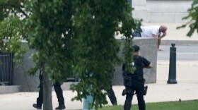  A person is apprehended after being in a pickup truck parked on the sidewalk in front of the Library of Congress' Thomas Jefferson Building, as seen from a window of the U.S. Capitol, Thursday, Aug. 19, 2021, in Washington. Officials evacuated a number of buildings around the Capitol and sent snipers to the area after officers saw a man holding what looked like a detonator inside the pickup, which had no license plates. The man was identified as Floyd Ray Roseberry, 49, of Grover, North Carolina, according to two people briefed on the matter.
