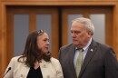 Rep. Suzanne Miles, the Republican caucus chair from Owensboro, talks with GOP Senate President Robert Stivers on the House floor as the legislative session picking up its pace.